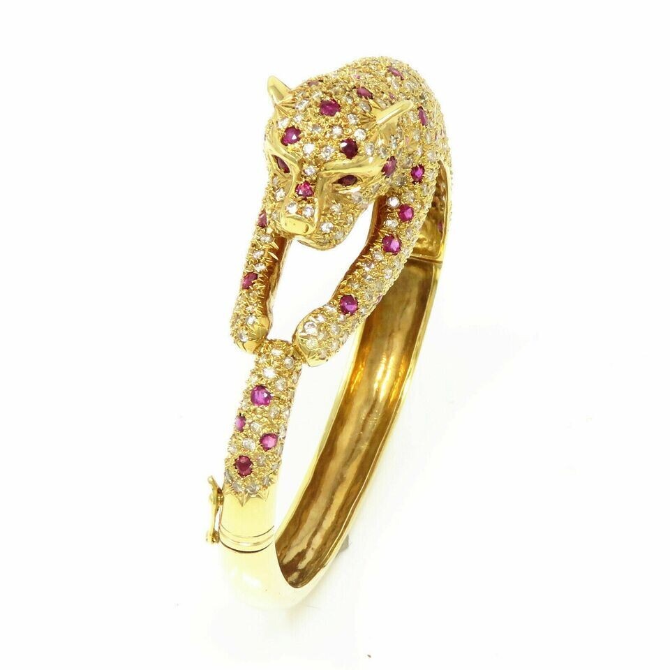 7Ct Lab Created Ruby Diamond Leopard Panther Bangle Bracelet Yellow Gold Finish