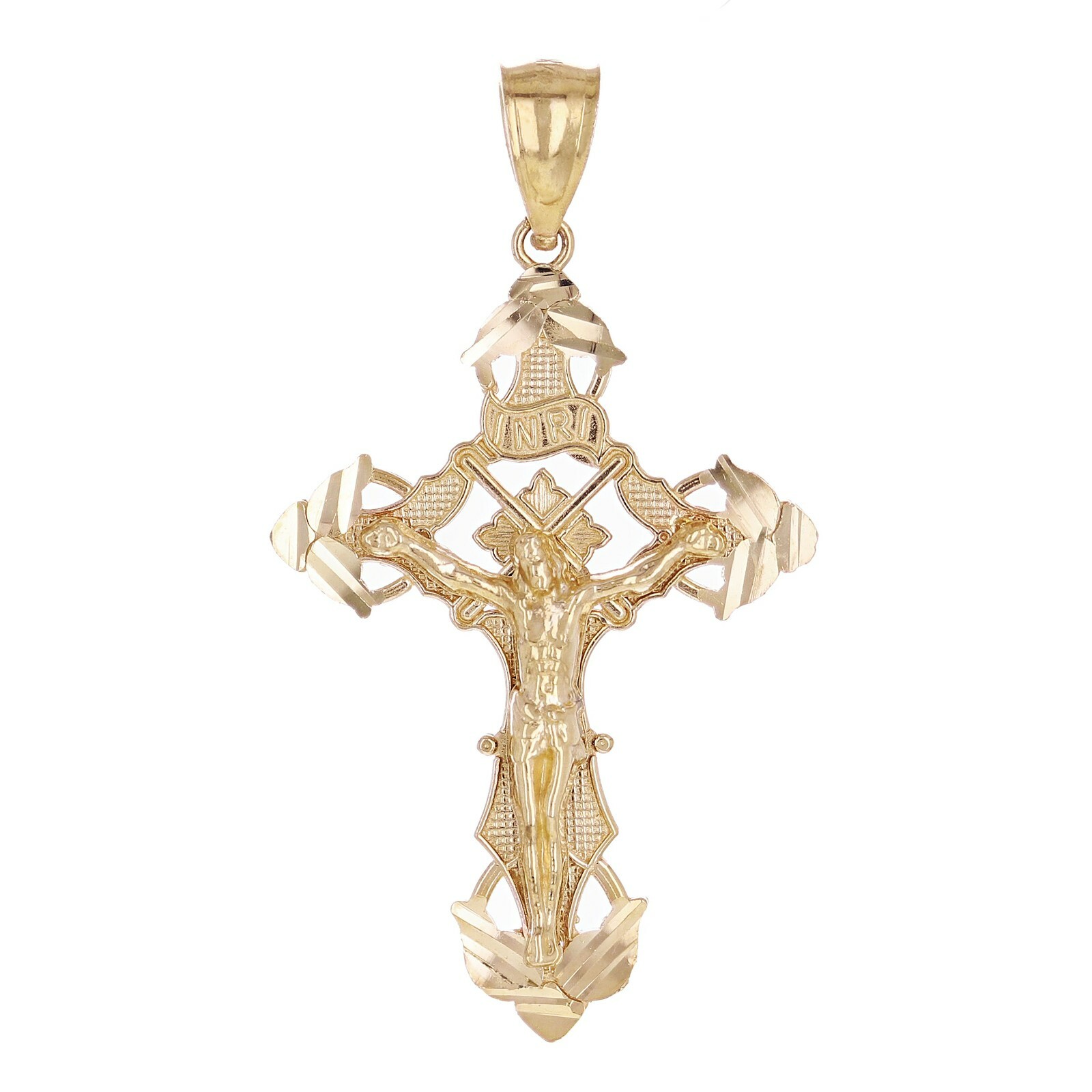 14k Yellow Gold Crucifix INRI Jesus Christ 3D Cross Pendant 1.4″ 2 grams