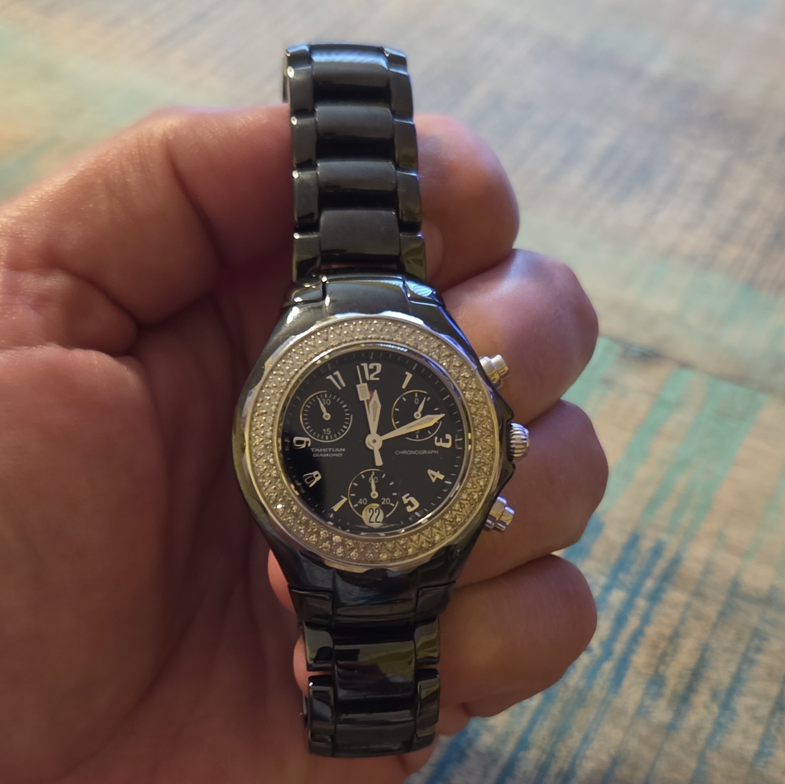 MICHELE Tahitian Black Ceramic Quartz Chronograph Date Diamond Bezel 50m 32mm