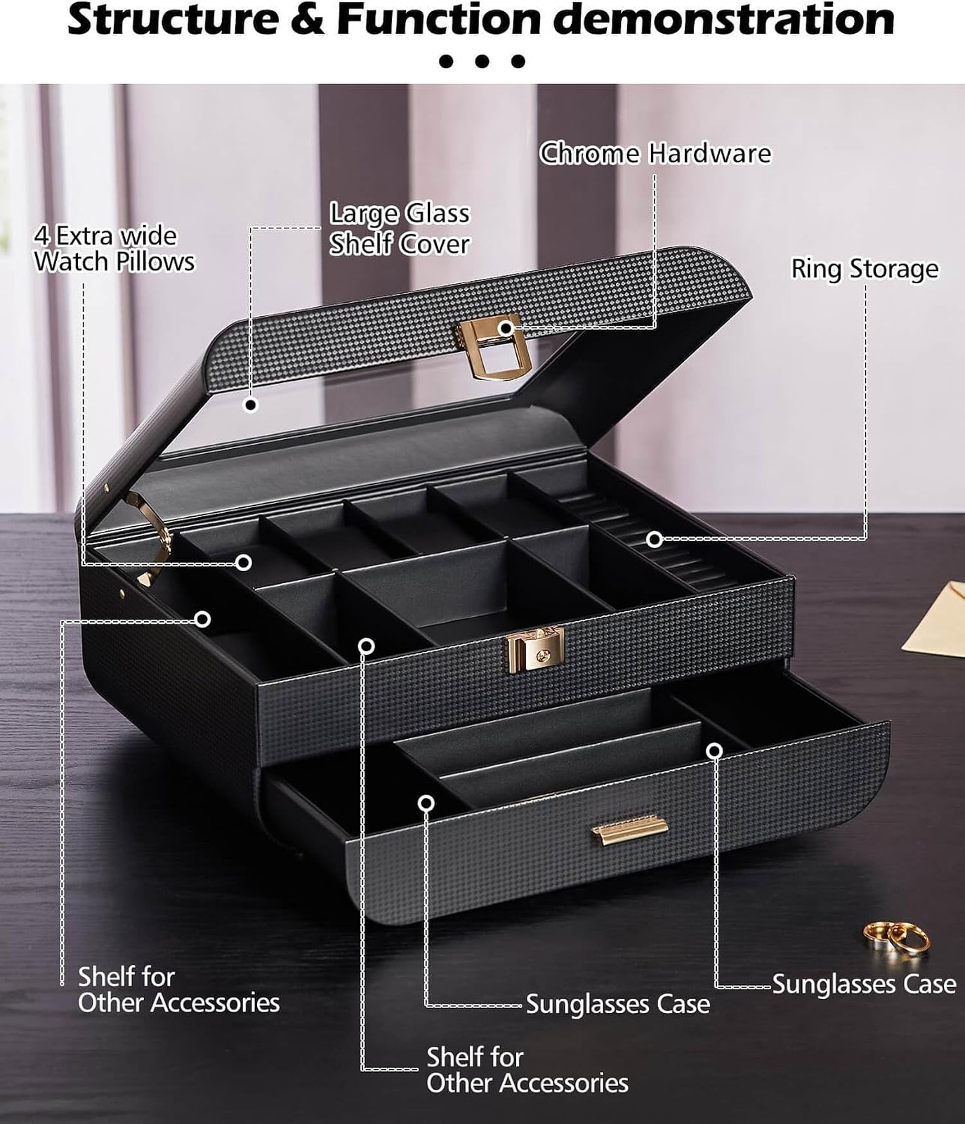 Lockable Men’s Watch Box with Glass Lid and Removable Pillows Large Organizer
