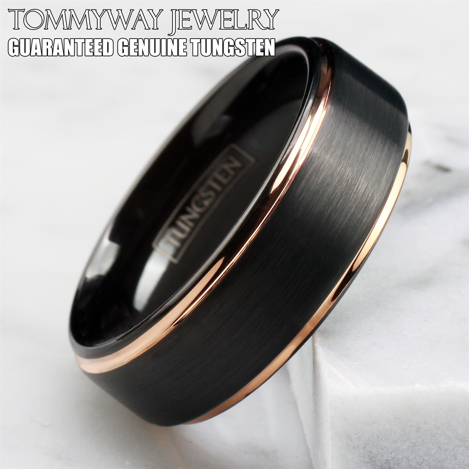 Tungsten Carbide Ring Rose Gold-Plated Black Brushed Wedding Band Men’s Jewelry