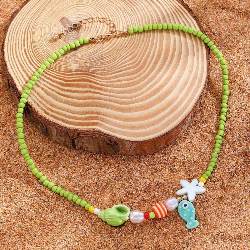 Bohemian Little Fish Ceramic Pendant Green Beaded Necklace New Women’s Jewelry