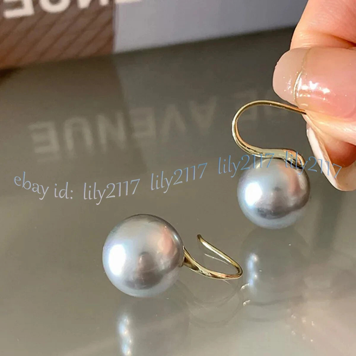 Perfect Round AAA Silver Gray Akoya Real Natural Pearl Dangle Gold Hook Earrings