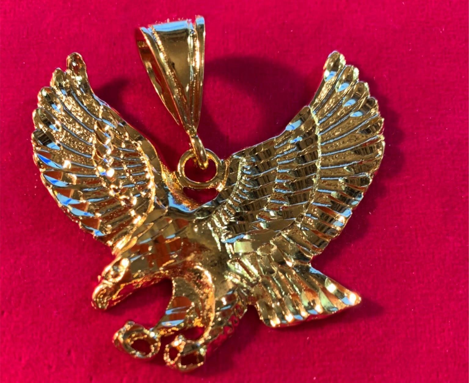 14KT GOLD PLATED LARGE 2″ BY 2″ EAGLE DIAMOND CUT CHARM PENDANT- 7006