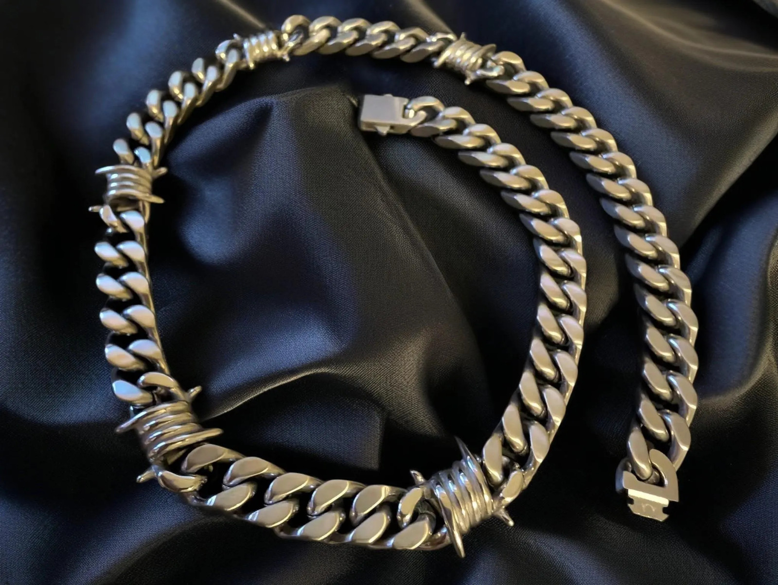 Barbed Wire Necklace, Cuban Chain, 316L Stainless Steel, Punk Jewelry