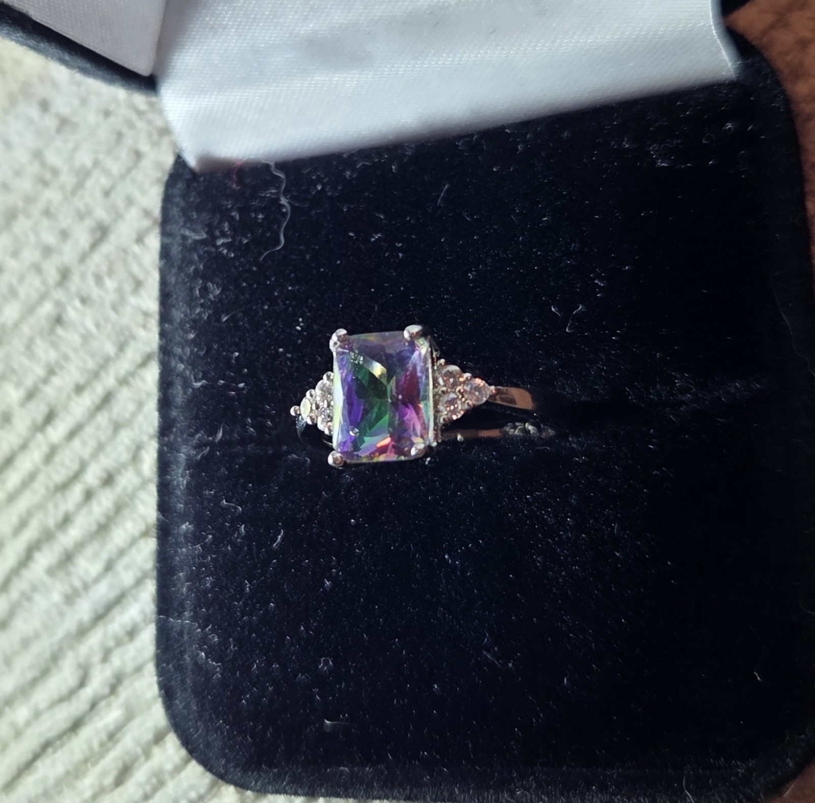 Sterling 925 Emerald Cut Multi Mystic Topaz Size 7 Ring w/6 Clear Accent Stones
