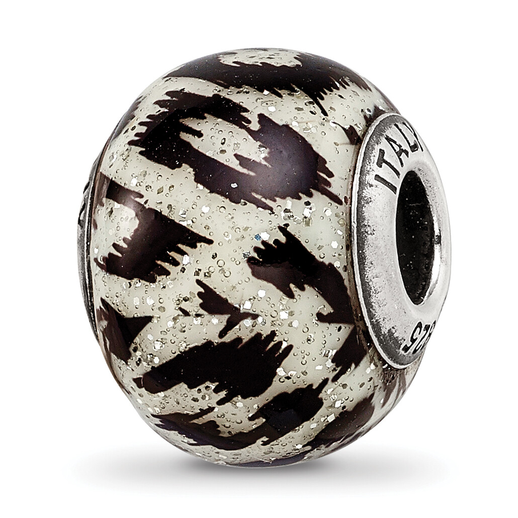 Silver Reflections White & Black w/Glitter Overlay Glass Bead QRS2265