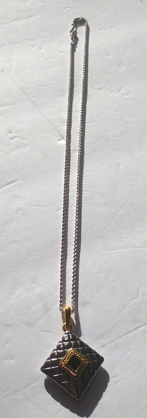 Gorgeous Necklace Square Pendant with Black and Gold Tone And Sliver Chain