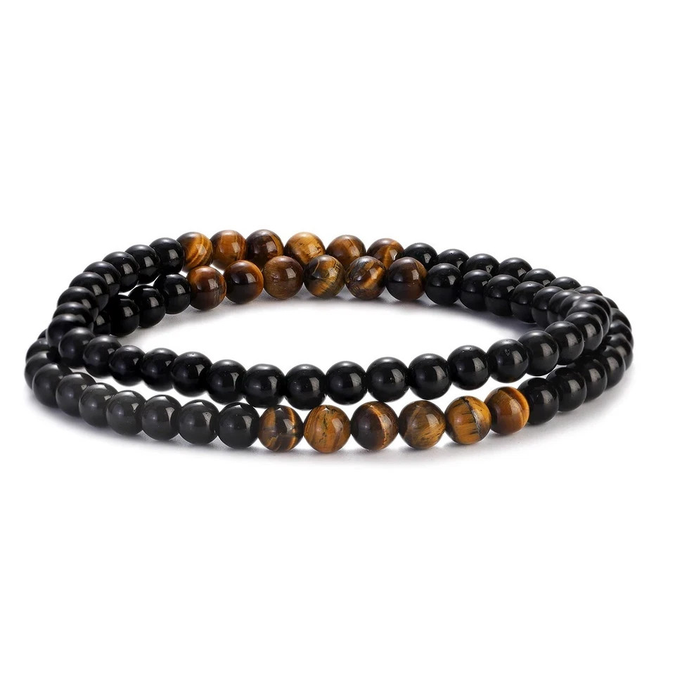 Men’s Black Obsidian & Tiger Eye Stone Beaded Necklace 24″ Natural Stone Jewelry