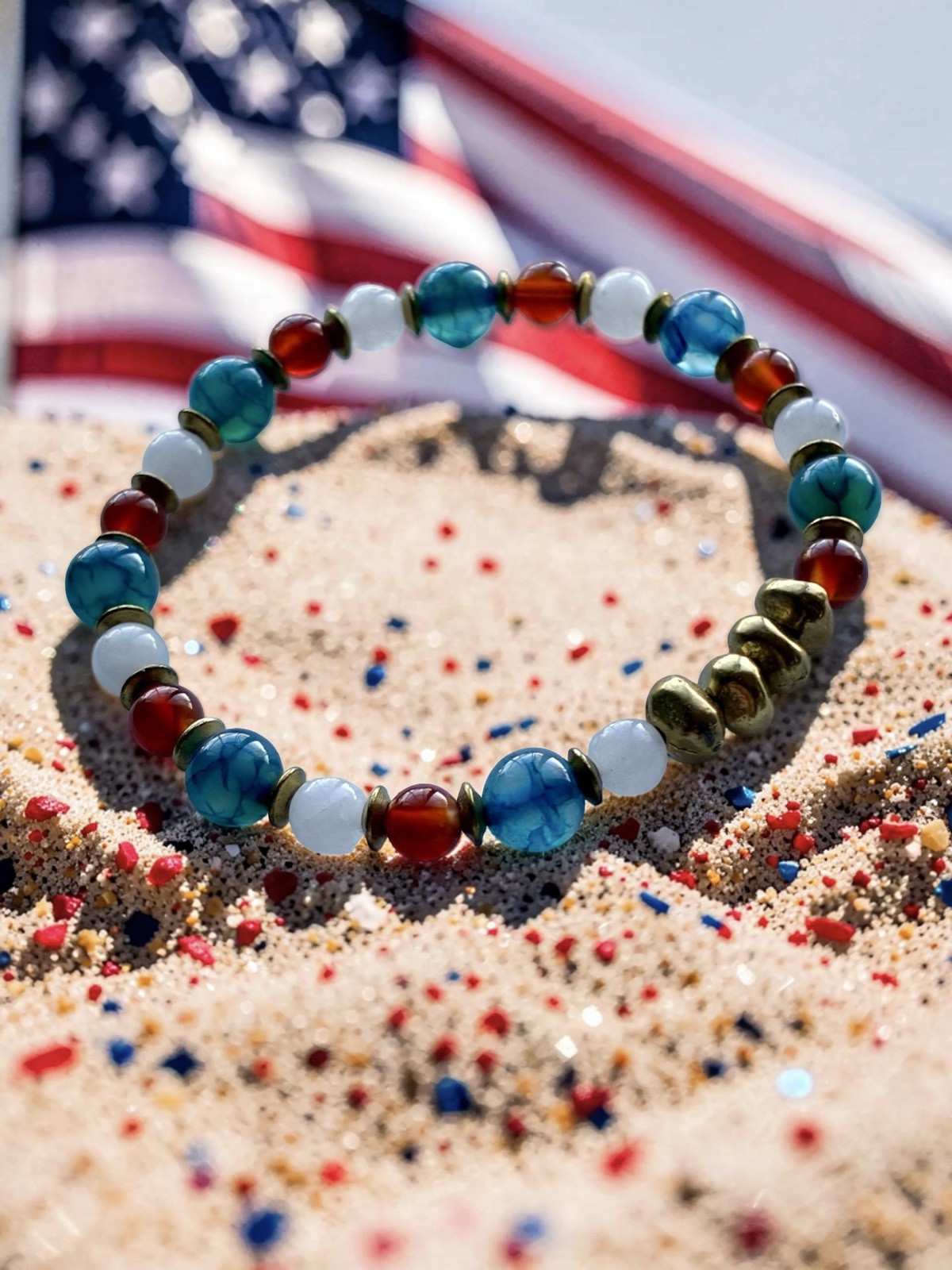 Independence Day Patriotic Stretch Gemstone Bracelet, With Solid Brass Nuggets