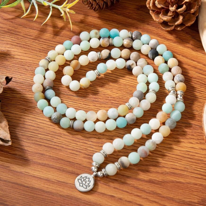 Natural Amazonite 108 Mala Bead Prayer Healing Amulet Unisex Women Necklace Gift