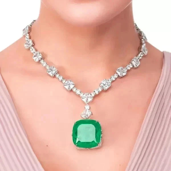 12Ct Cushion Lab Created Emerald Women’s Tennis Necklace 14K White Gold Finish
