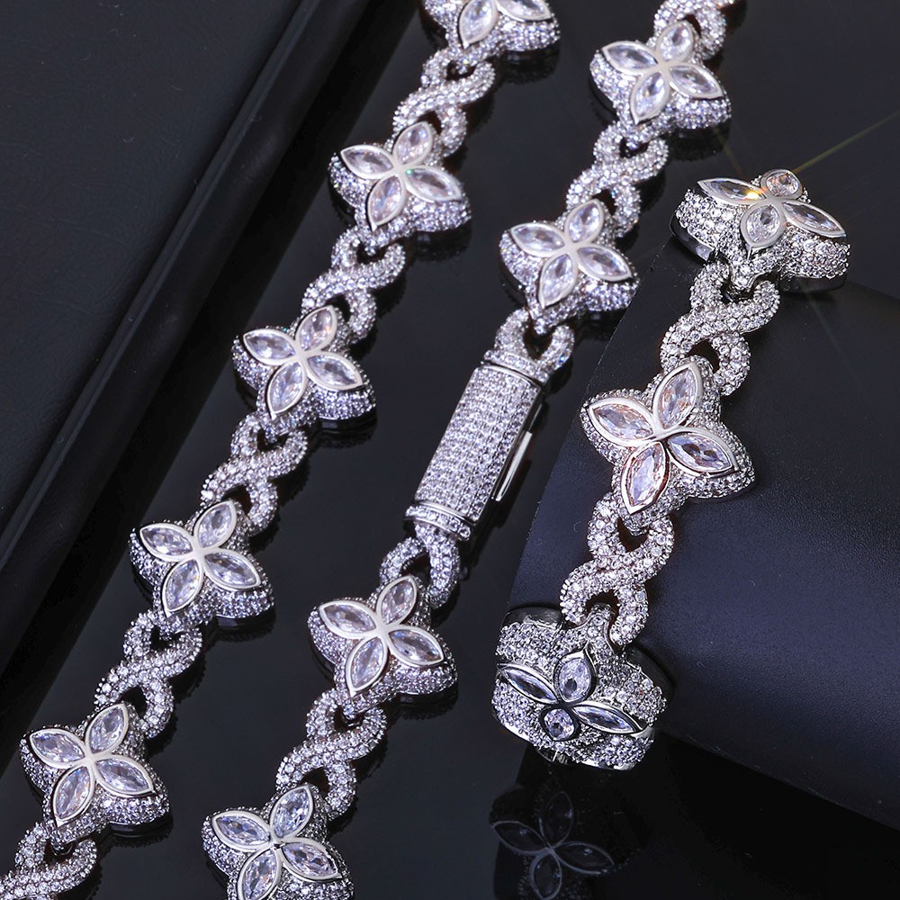 18K Gold Plated Four Leaf Clover Chain 5A Iced CZ Out Hip Hop Jewelry for Men