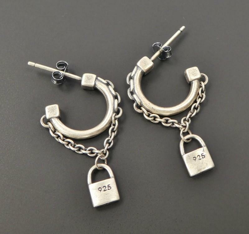Handmade Sterling Silver Small Hoop with Chain and Lock Post Earrings Unique