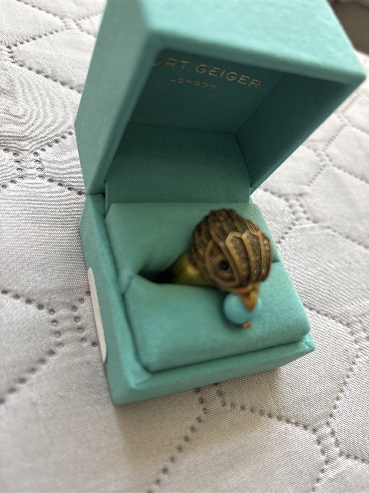 KURT GEIGER LONDON ANTIQUED GOLD TONE EAGLE HEAD RING TURQUOISE 9 New In Box