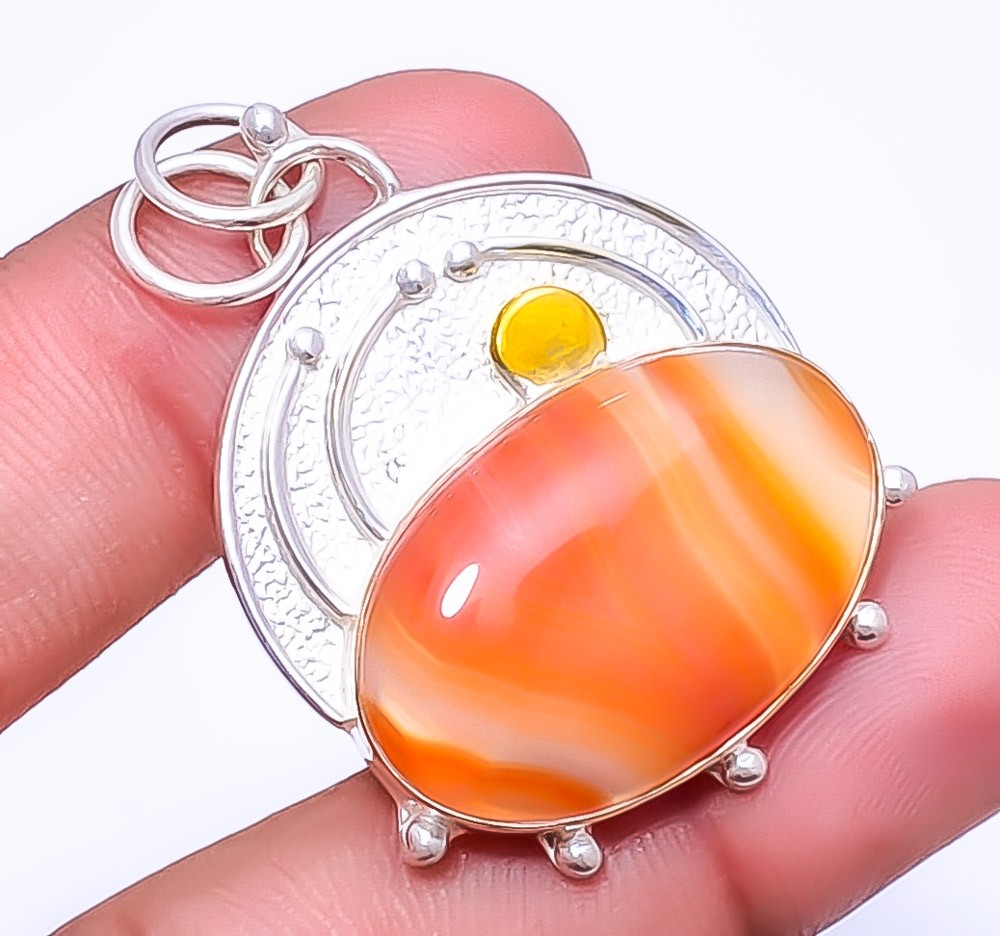 Orange Banded Agate 925 Sterling Silver Pendant 1.72″ P454, Christmas Gift