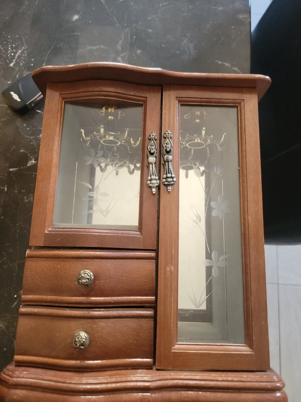 Musical Wood Jewelry Box Cabinet, Mirror, Glass Doors, Drawers, Velvet Lined
