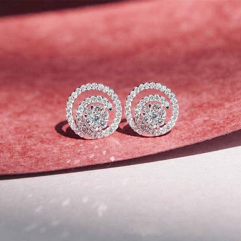 Round Cut Simulated Diamond Cluster Pretty Stud Earrings 14K White Gold Plated