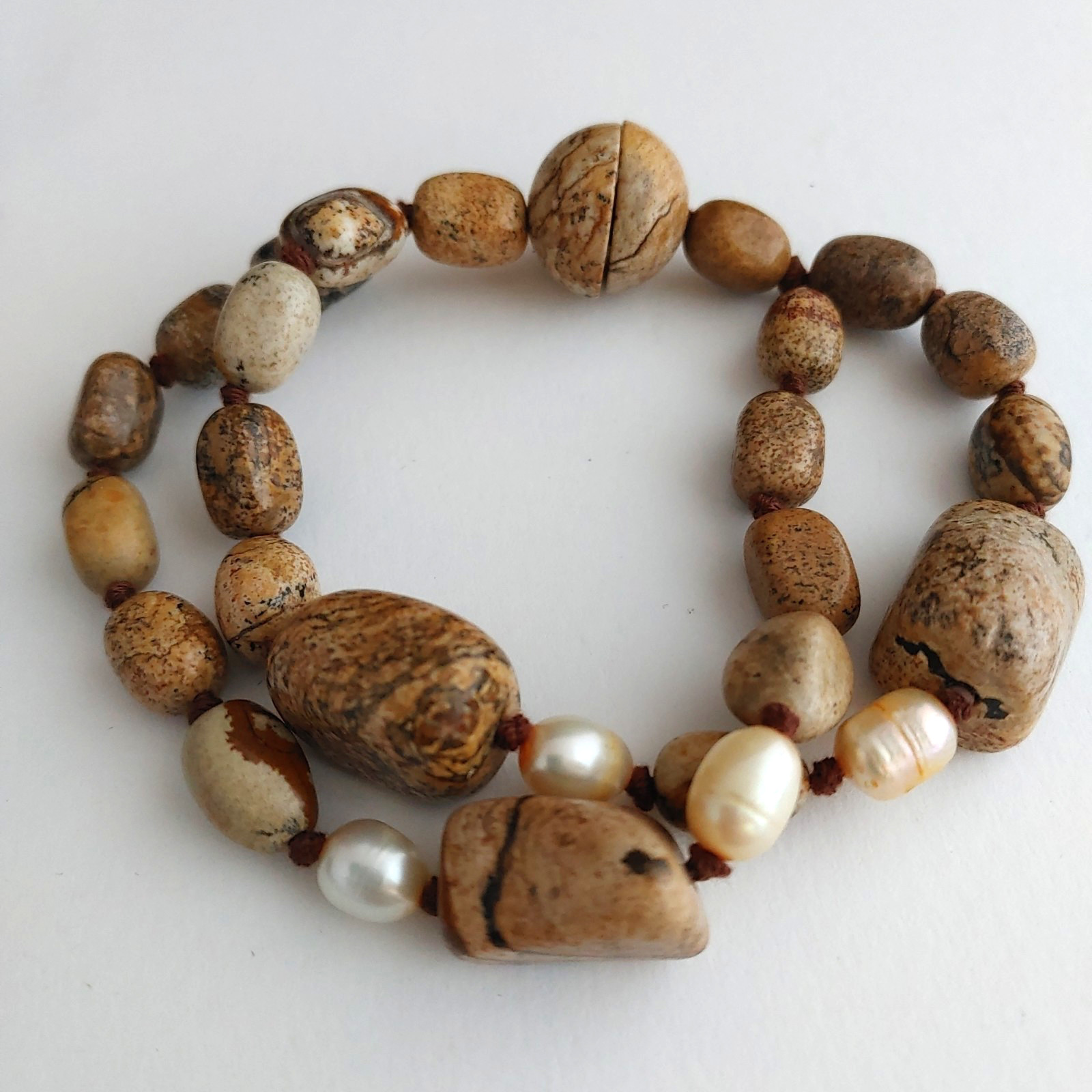 Jasper Stone Freshwater Pearl Bracelet 2 Strands Knotted Magnetic Clasp 8.5”