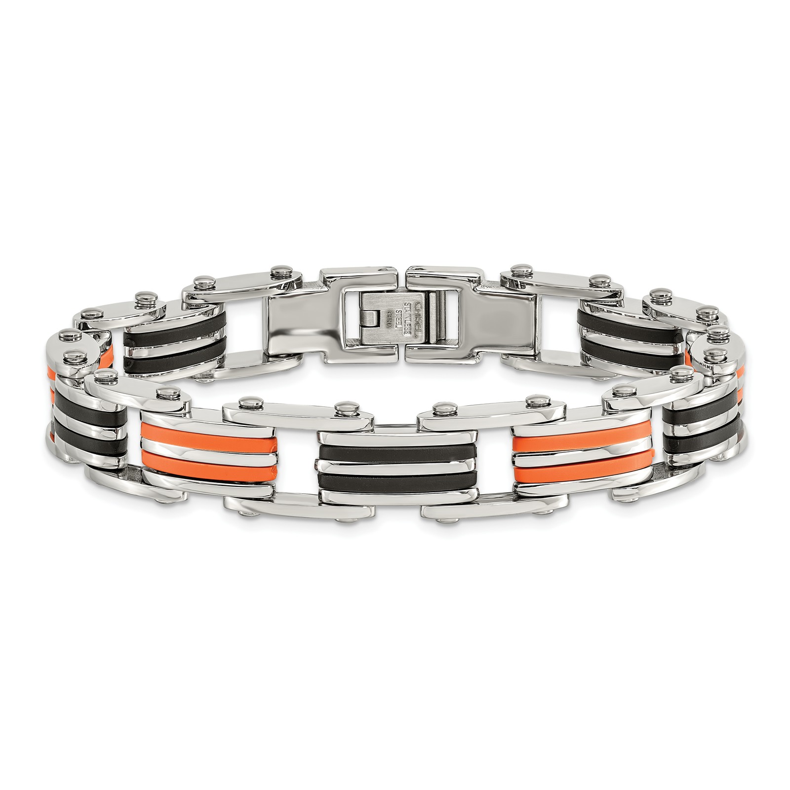 Chisel Stainless Steel Polished with Black and Orange Rubber 8.75 inch Link Brac