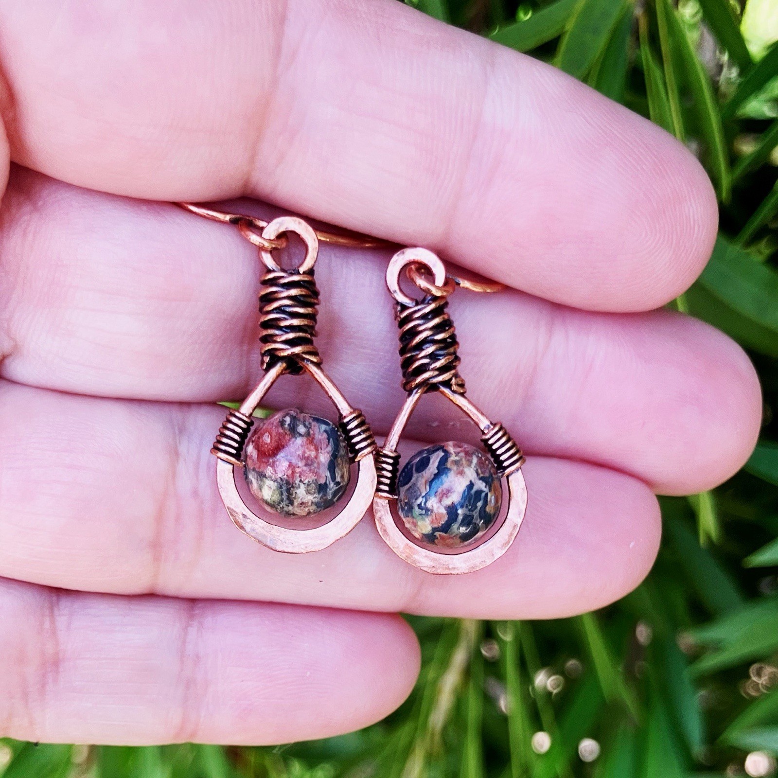 Leopard Skin Jasper Dangle Earrings Teardrop Bohemian Wire Wrapped Earthtones