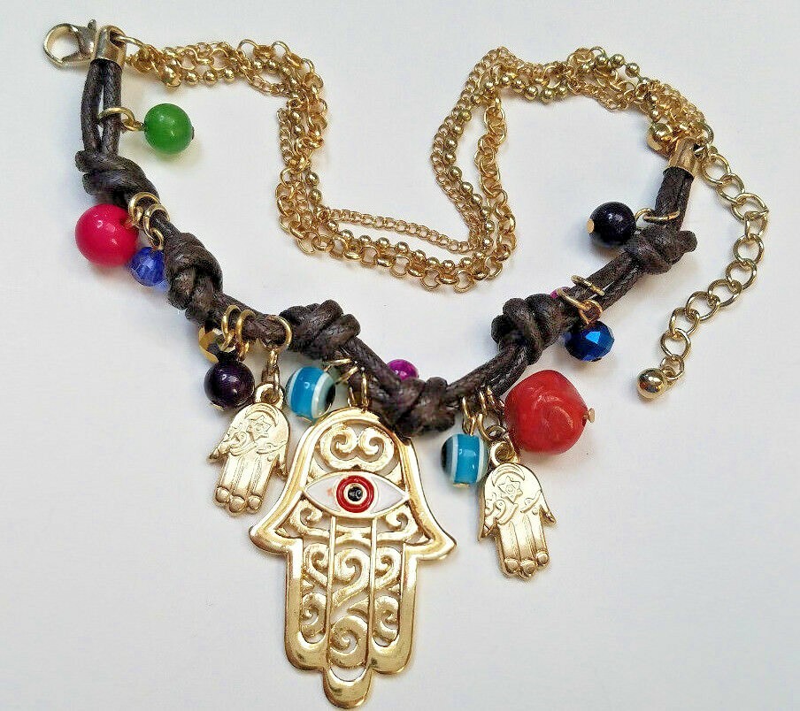 GIRLY Good Luck Protection BIG HAMSA HAND EVIL EYE BEADS CHARM FASHION BRACELET