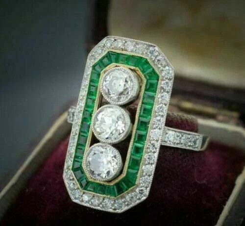 Art Deco Style Lab Created Diamond & Emerald Engagement 14K White Gold FN Ring