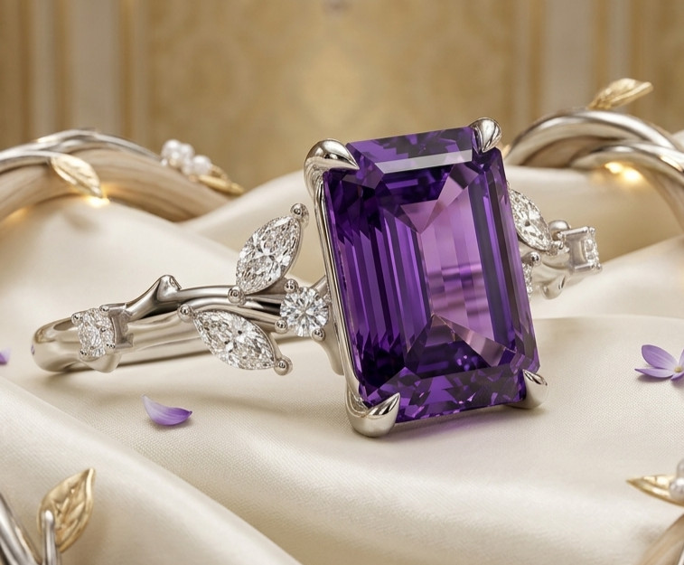 4.40 Ct Certified Emerald Cut Purple Natural Diamond Ring VVS1 White Gold Finish