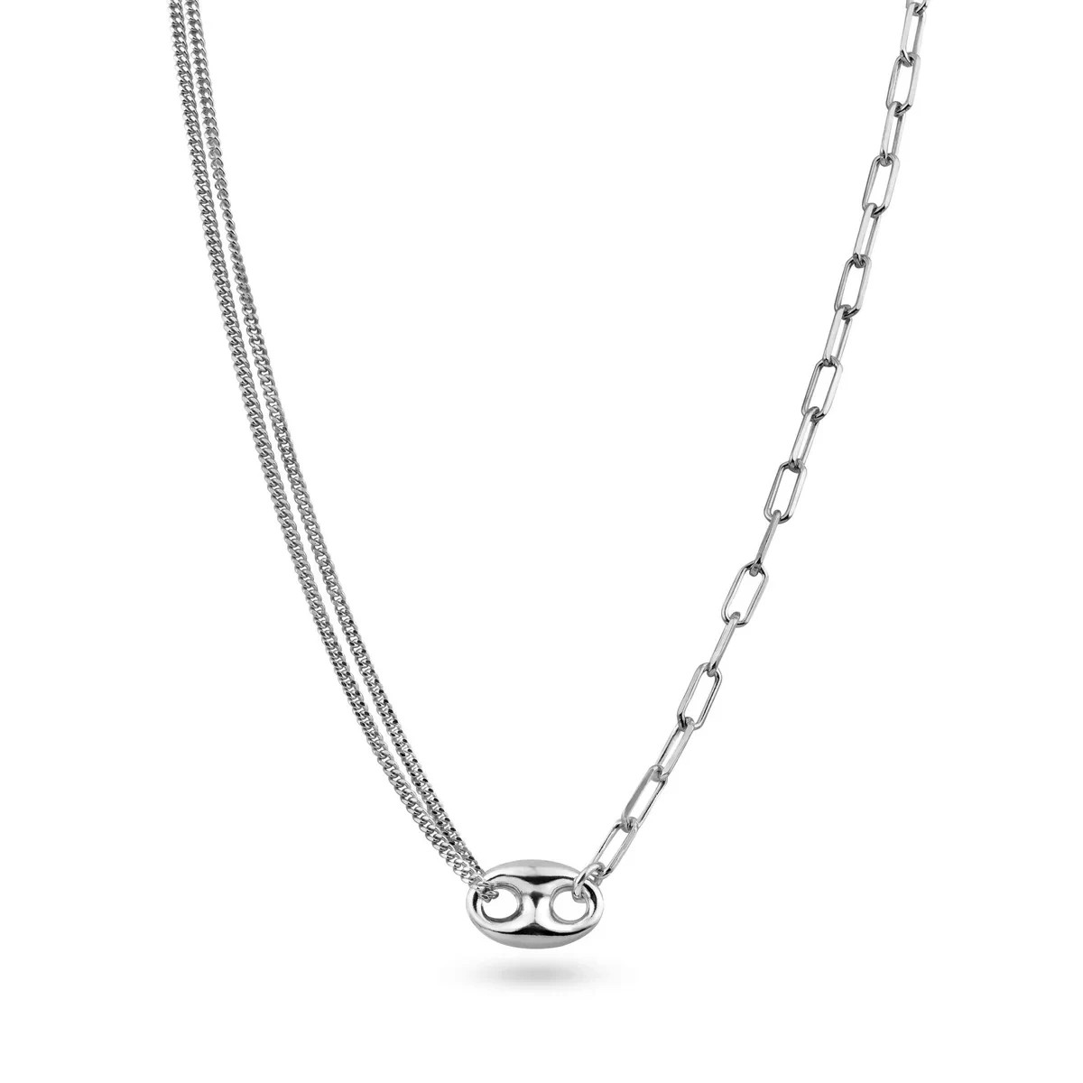 Rhodium Plt Silver Puffed Mariner Double Strand Curb & Paperclip Link Necklace