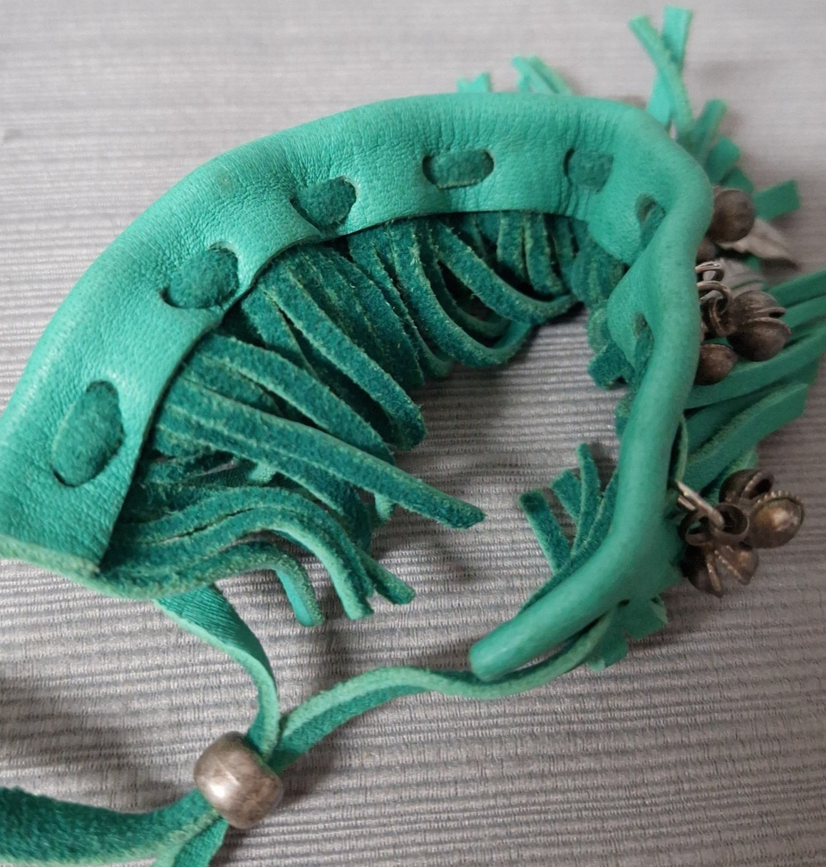 Pair of Faux Leather Bracelet Green Fringe Cuffs Bell Feather Bead Boho Festival