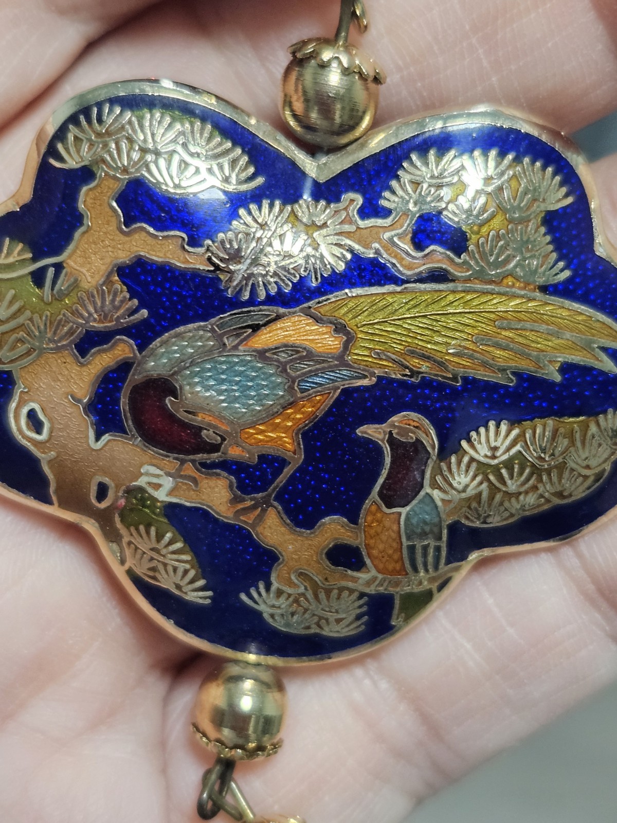 Vintage Cloisonne Gold Tone Peacock Pendant & Necklace 24″ Double Cord