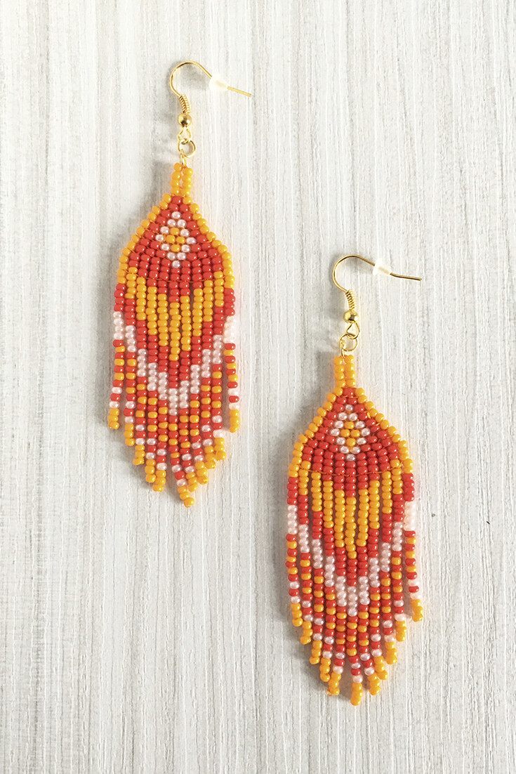 Orange red beaded earrings, Halloween seed bead earrings with fringe