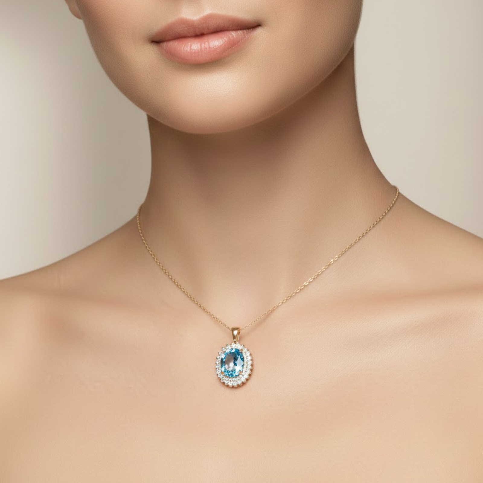 Sparkling Sea Blue Aquamarine 6.40Ct 925 Sterling Silver Double Halo Pendants