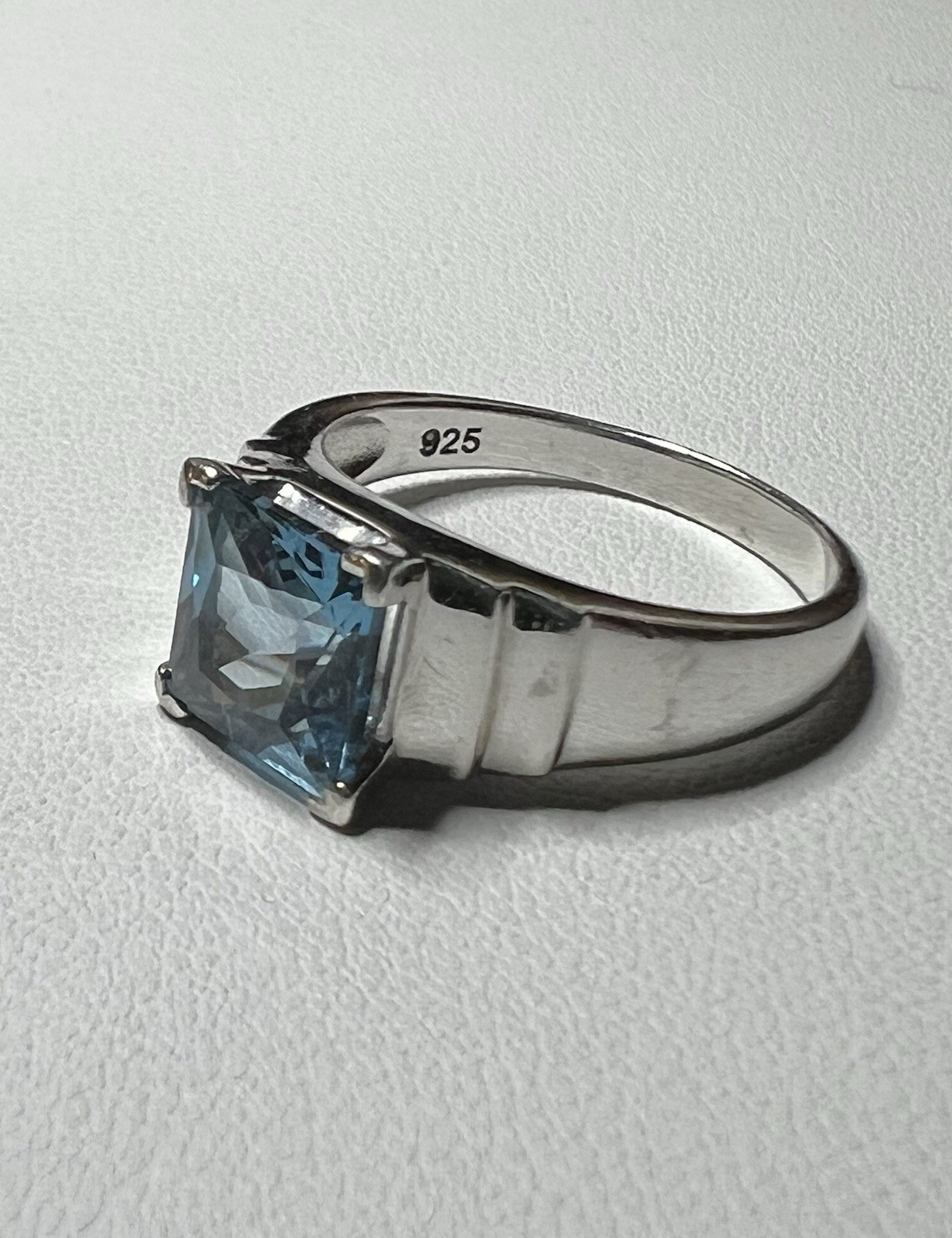 Vintage Sterling Silver 925 Signed Square Blue Topaz Prong Set Ring, Size 7.5