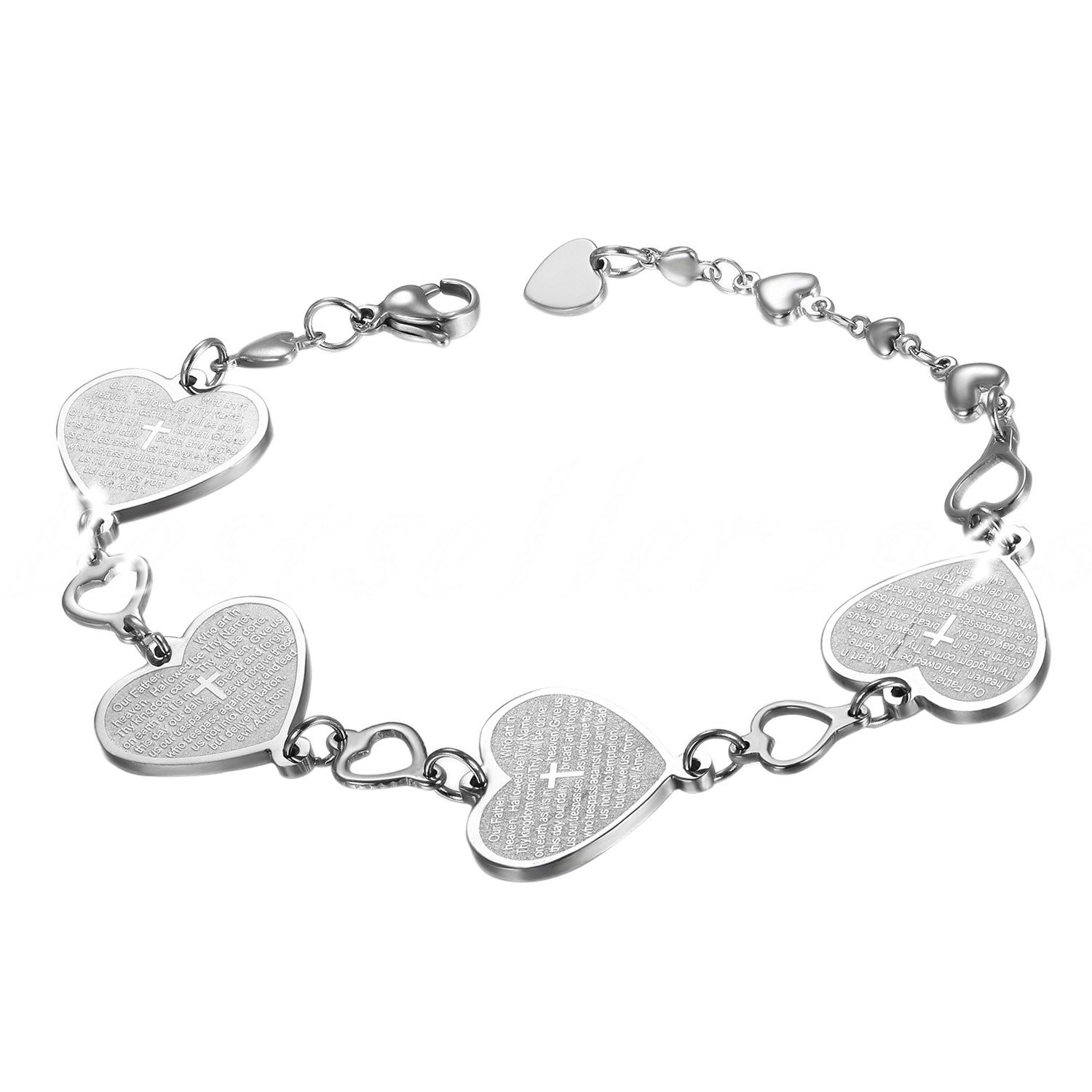 Women Stainless Steel Lords Prayer Cross Heart Link Religious Bracelet 7.9″