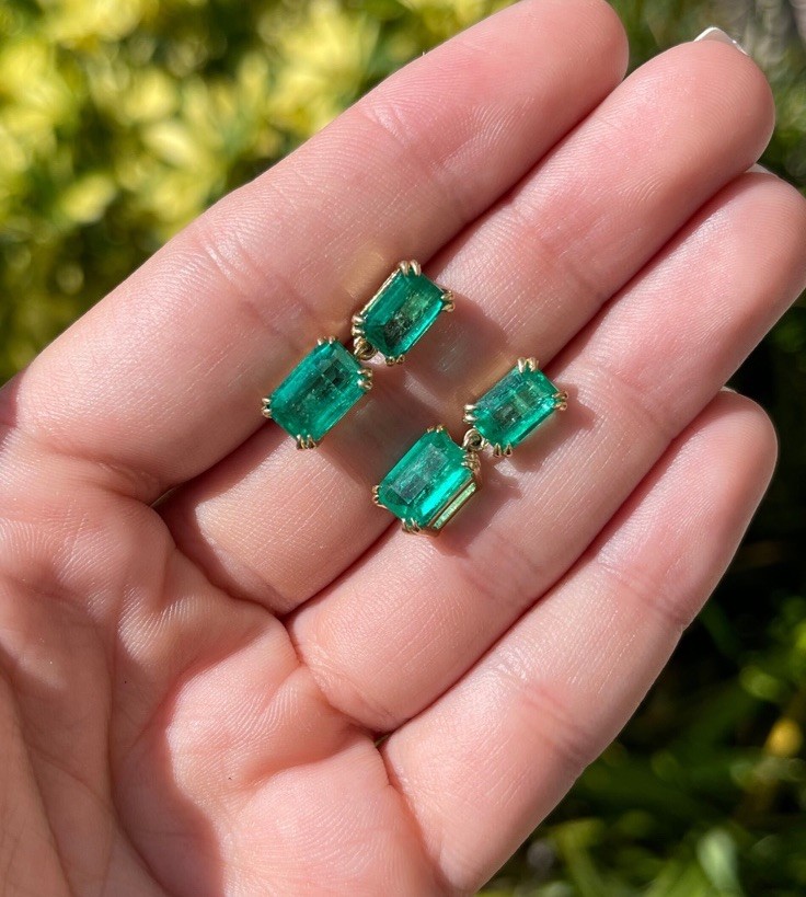 14k Solid Yellow Gold Natural Emerald Earrings Drop Dangle Emerald Earring
