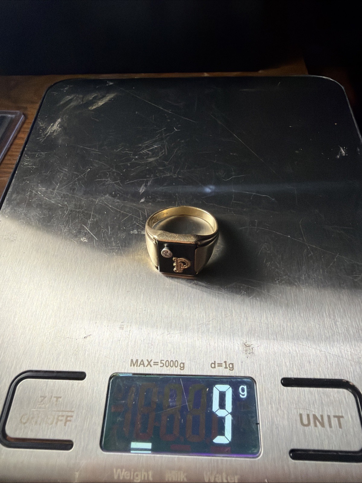 10k Solid Gold Ring With Onyx And Diamond In It Letter P-9 Grams