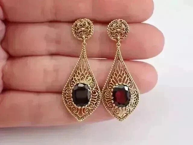 Red Garnet 3Ct Oval Cut Lab Created Drop Dangle Earrings 14K Yellow Gold Plated