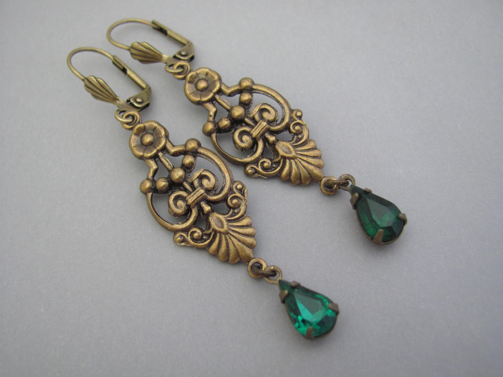 Art Deco Earrings Design Emerald Green Crystal Bohemian Antiqued Brass Long