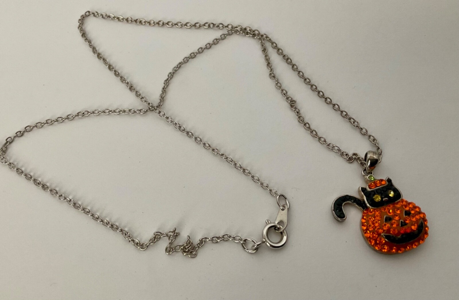 Halloween Black Cat & Pumpkin Necklace Pave Rhinestones Silver Tone 18” Chain