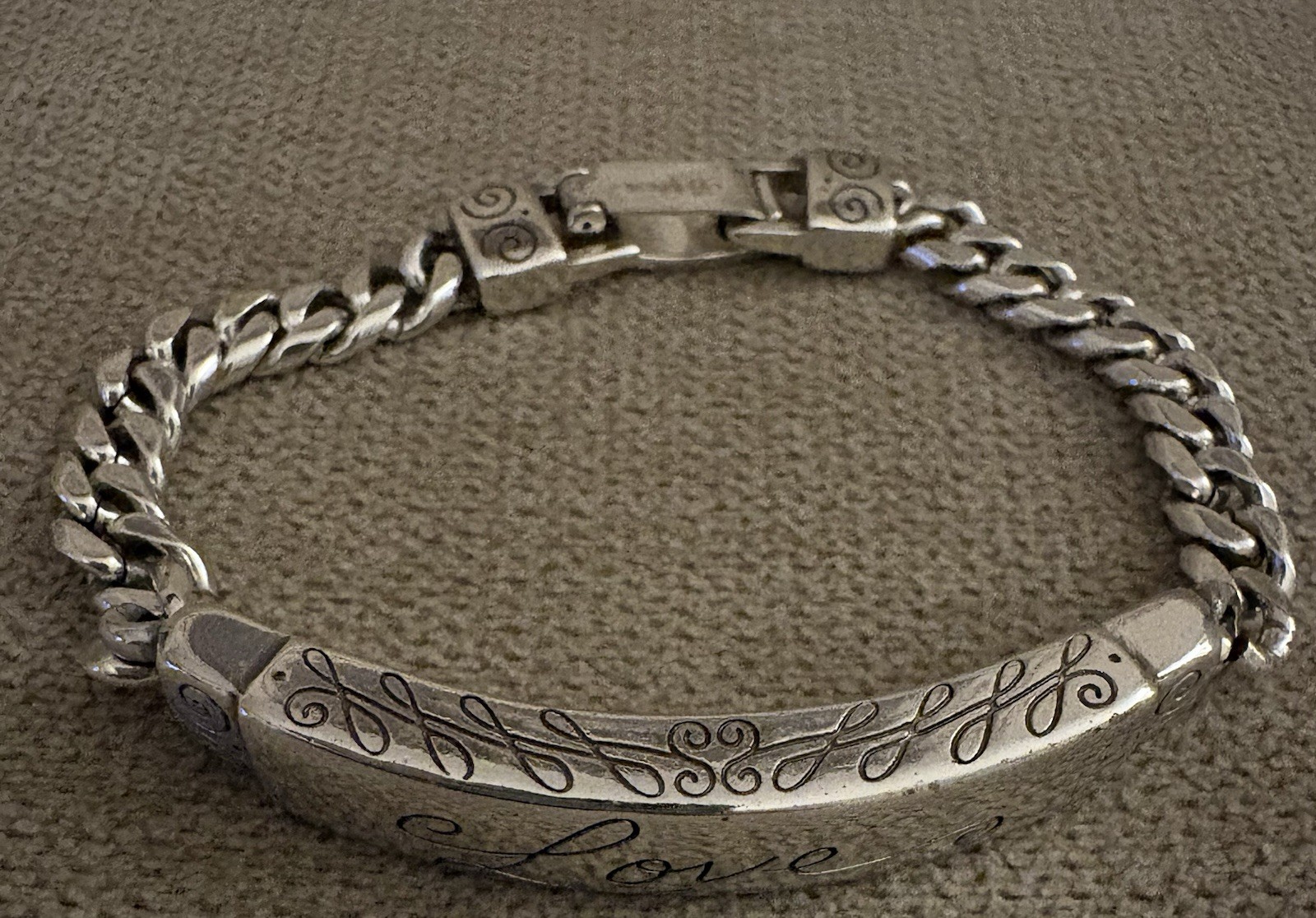 Brighton Love ID Bracelet Silver Tone Curb Chain Scroll Bar 7”
