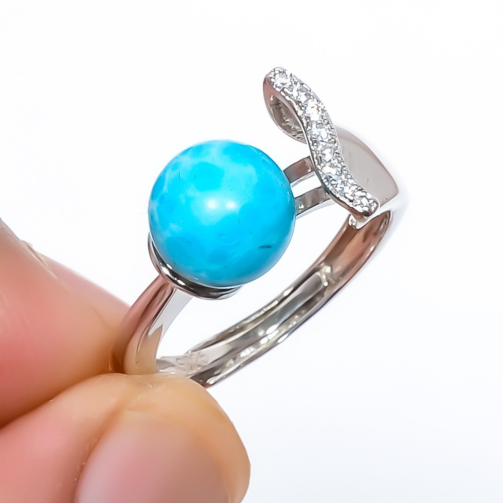 Larimar & White Topaz Gemstone 925 Silver Plated Ring Adjustable