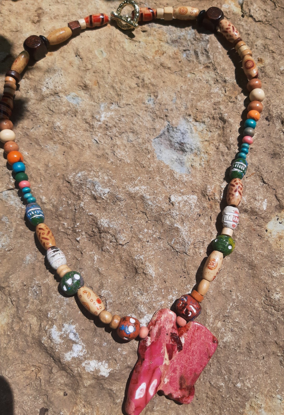 Handmade Jewelry Necklace w/ wood beads and red agate pendant