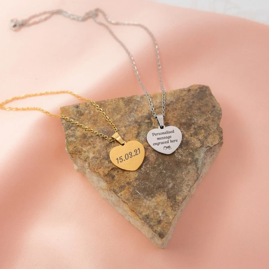 Engraved Heart Necklace: Personalized Stainless Steel Pendant with Free Chain