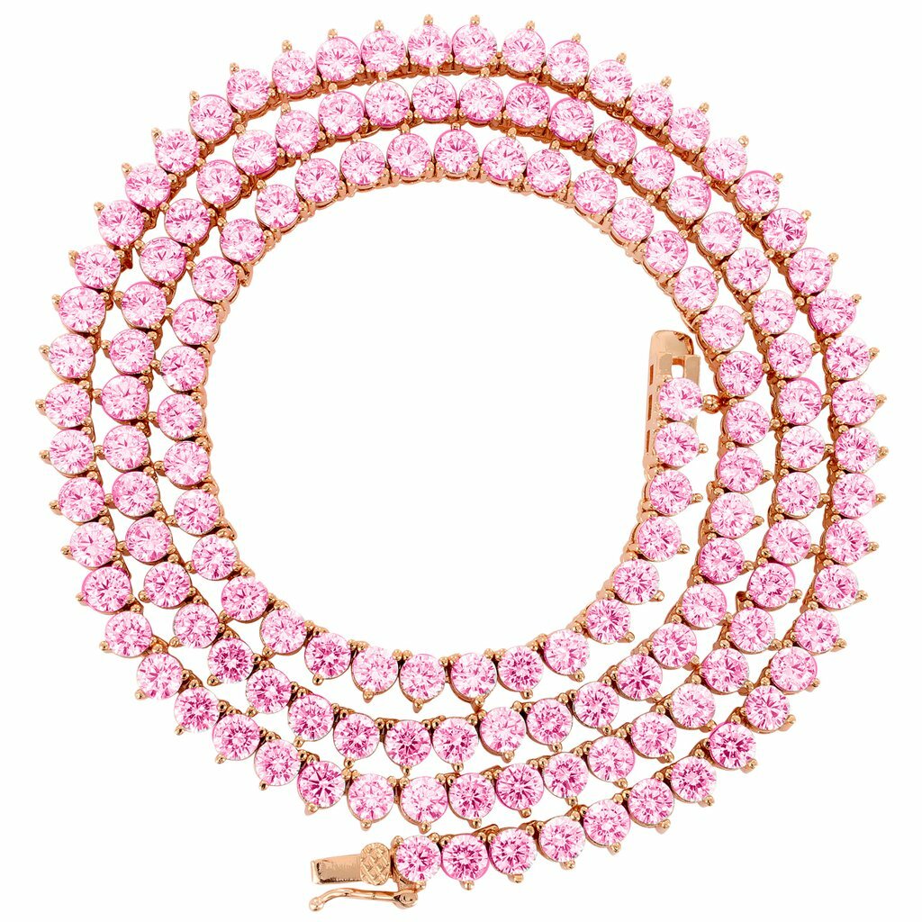 3 Prong 4MM Tennis Chain Necklace Rose Gold Finish Pink Lab Diamonds 18-24”