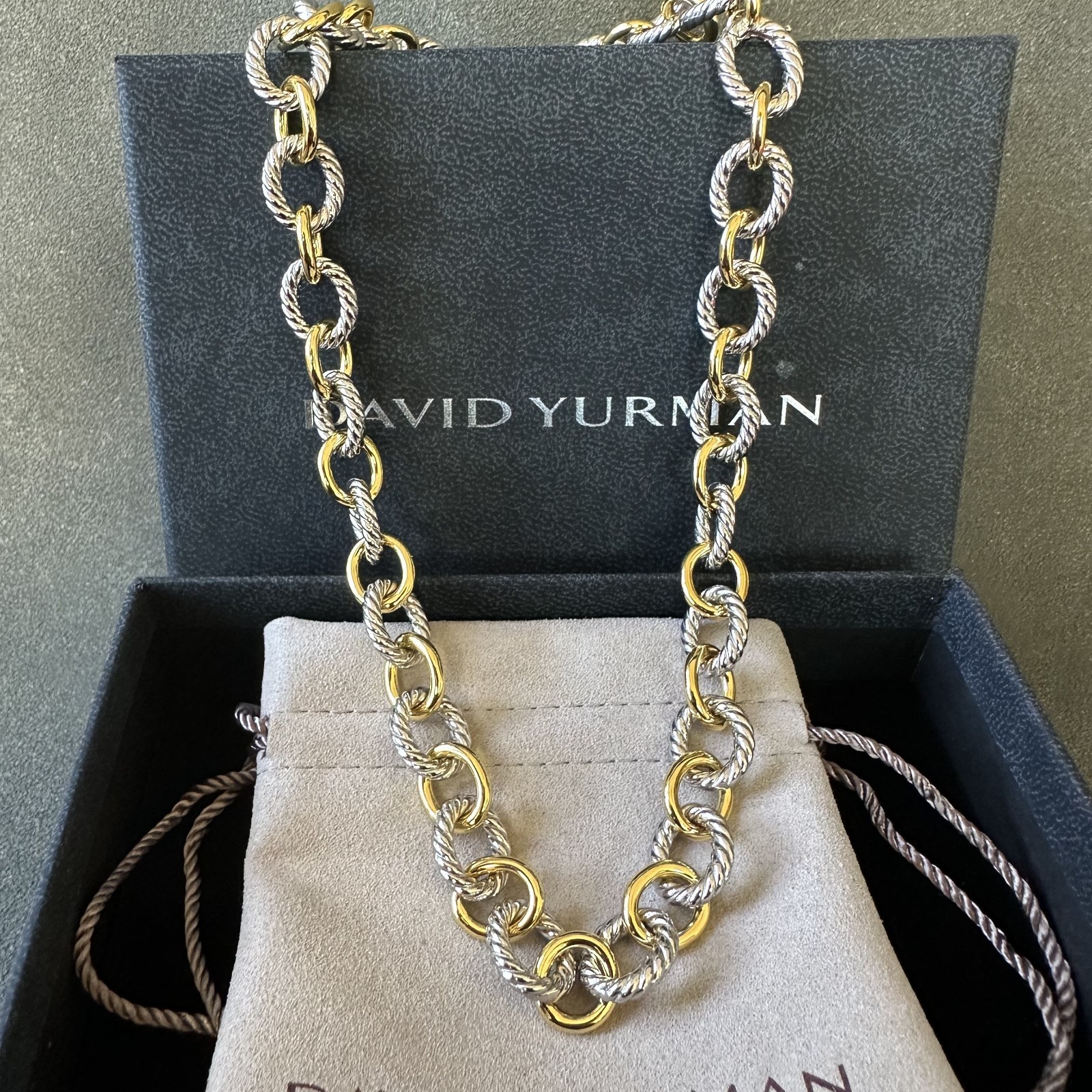 David Yurman Sterling Silver 18K Gold Two Tone Twisted Cable Oval Link Necklace