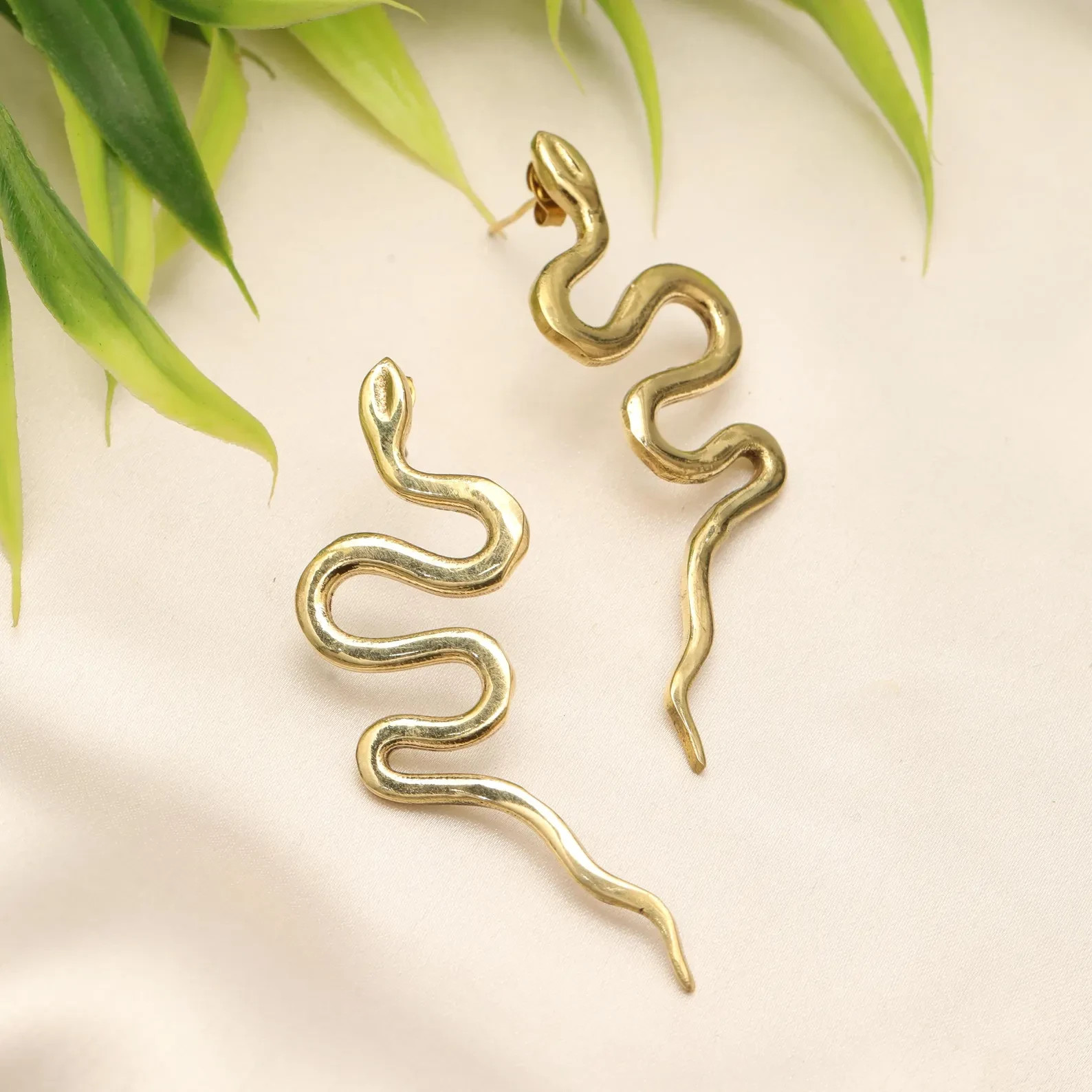 Snake Drop Earrings | Serpent Brass Earrings | Curved Snake Stud Earrings |