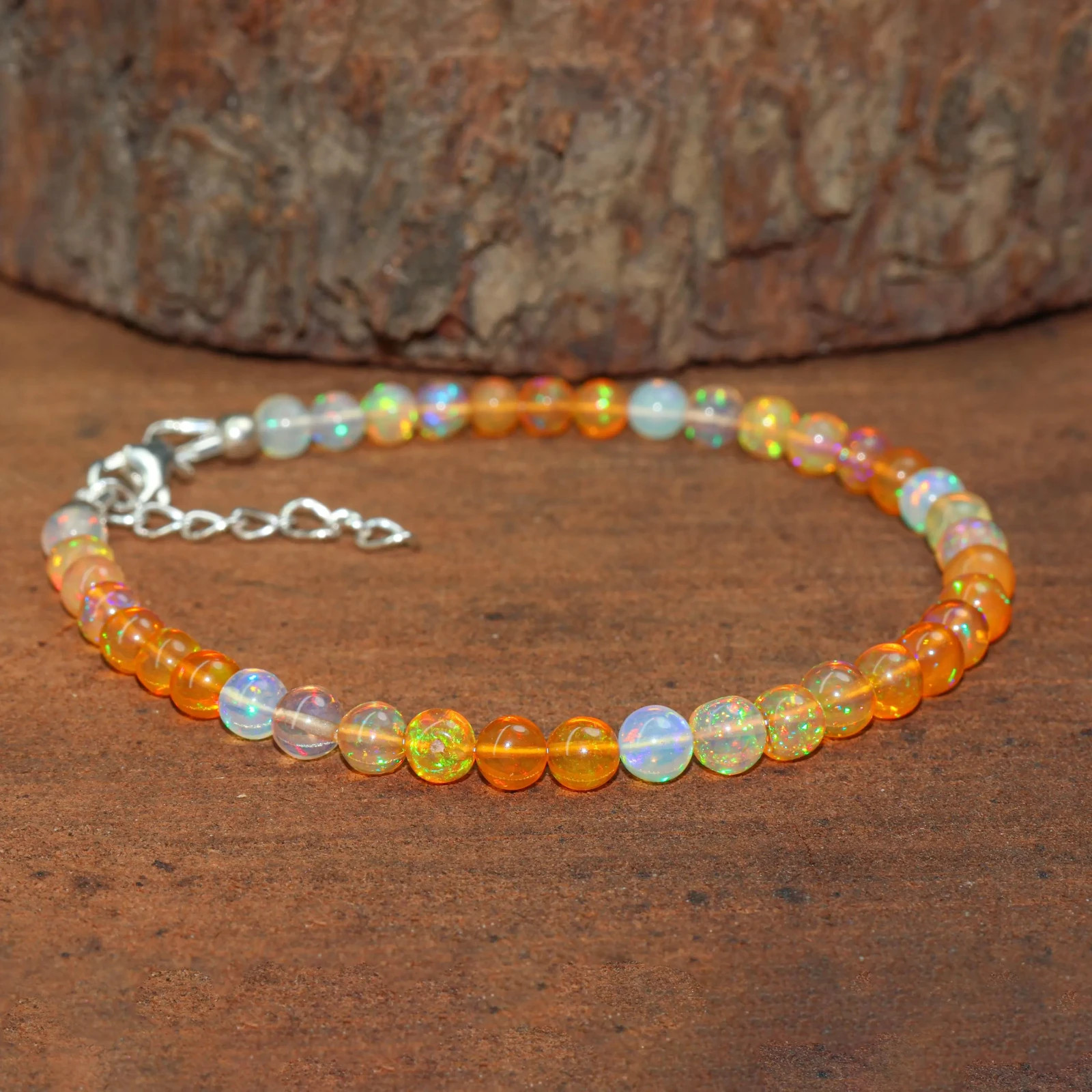Orange Opal Gemstone Round Beads Bracelet, Genuine Fire Opal Beaded Bracelet
