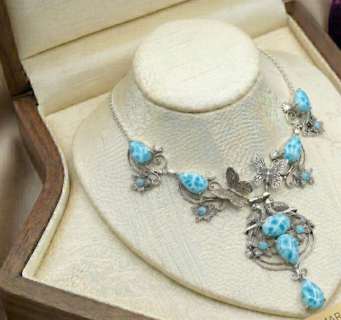 Blue Larimar Gemstone 925 Sterling Silver Vintage Jewelry Necklace Size- ADJ 18″