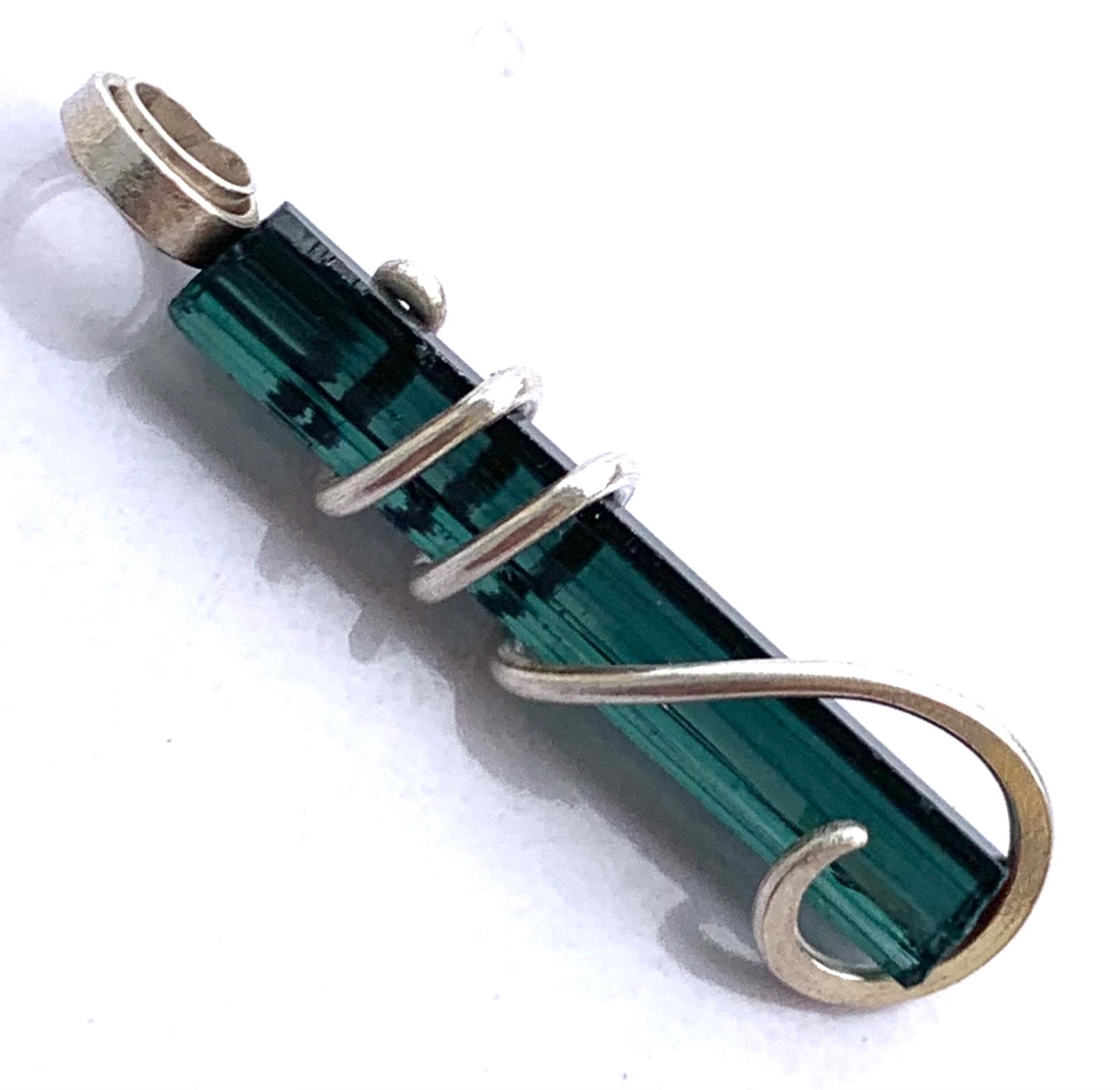 Blue Tourmaline Crystal Pendant, Hand Forged Sterling Silver Wire Wrap 6.70